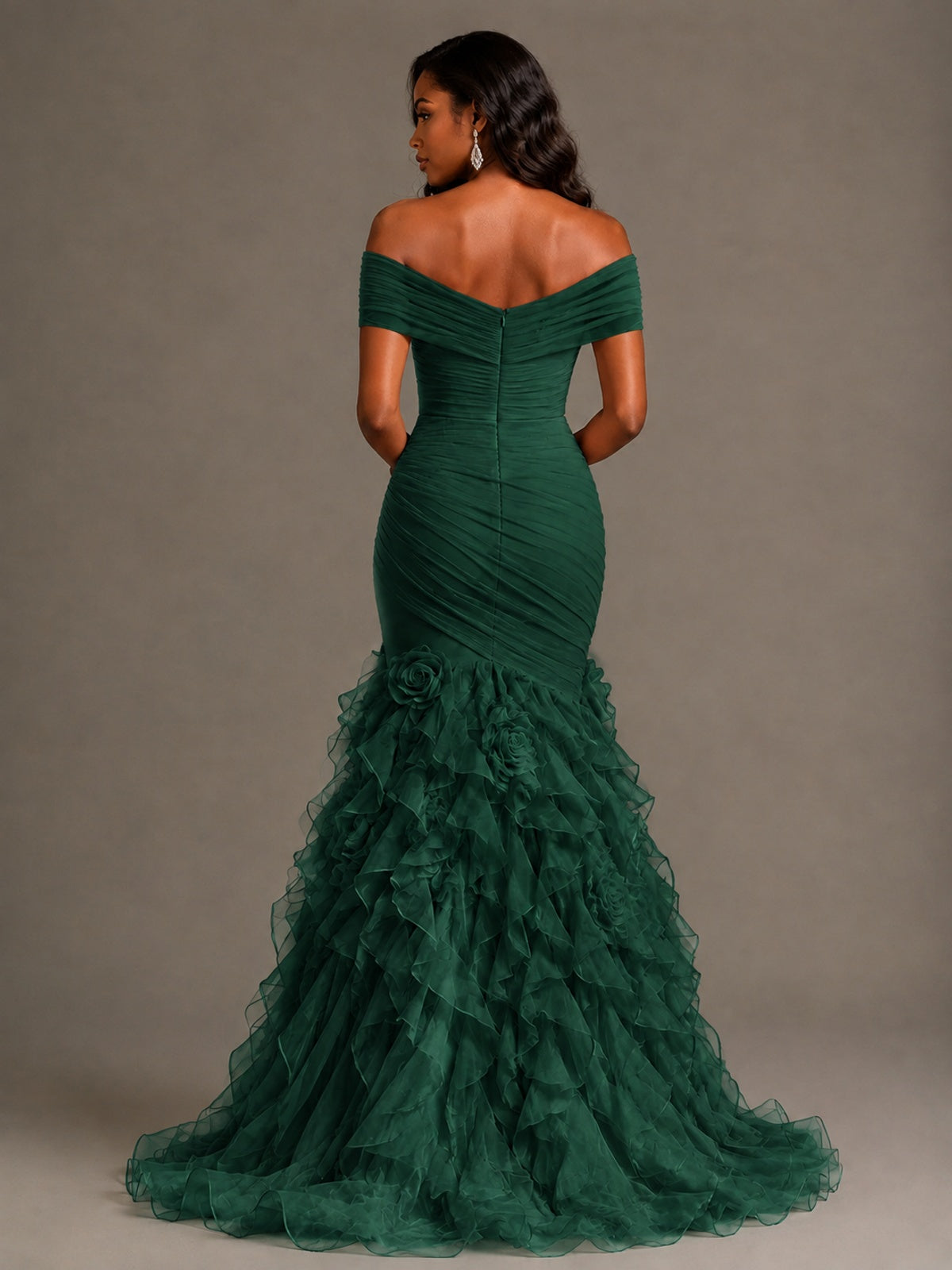Pink Off-the-Shoulder Mermaid Prom Dress with Ruffles 3D Flowers