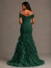 Pink Off-the-Shoulder Mermaid Prom Dress with Ruffles 3D Flowers