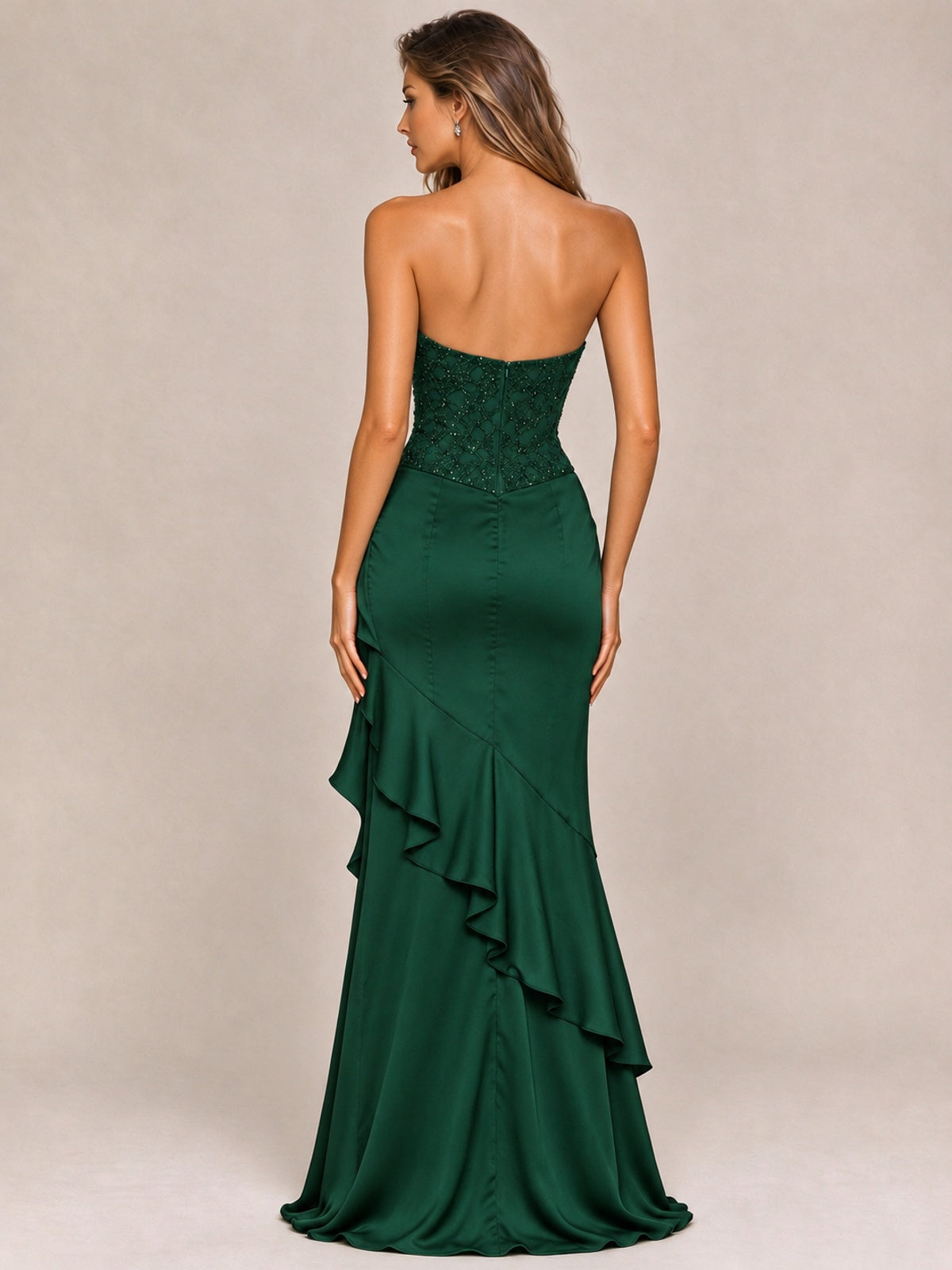 Strapless Lace Appliques Corset Satin Prom Dress Ruffle Slit Evening Gown