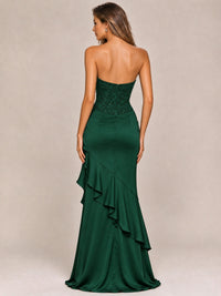 Strapless Lace Appliques Corset Satin Prom Dress Ruffle Slit Evening Gown
