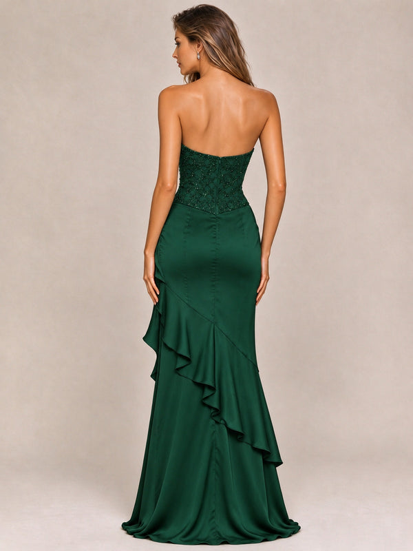 Strapless Lace Appliques Corset Satin Prom Dress Ruffle Slit Evening Gown