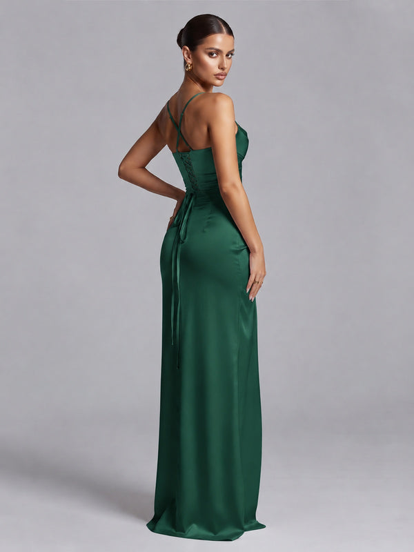 Square Neck Satin Long Prom Dress with Ruffles
