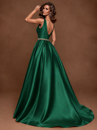 Satin A-Line Prom Dress Sleeveless Beaded Waist Formal Gown with Pockets