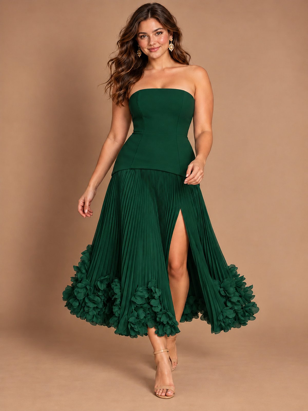Navy Blue Strapless Pleated A-Line Midi Dress with 3D Floral Applique
