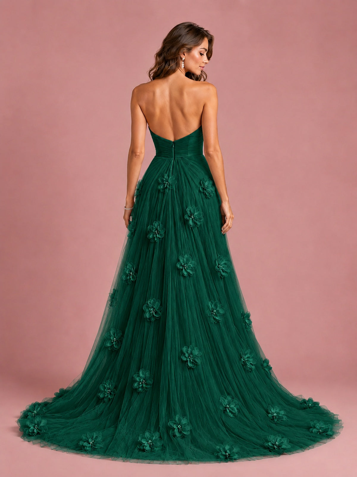 3D Floral Applique Strapless Tulle Prom Dress with High Slit