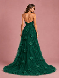 3D Floral Applique Strapless Tulle Prom Dress with High Slit