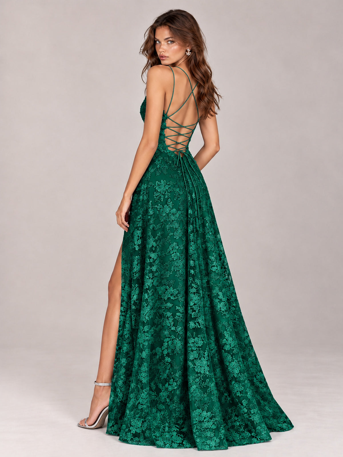 Floral Lace A-Line Prom Dress with Spaghetti Straps & High Slit