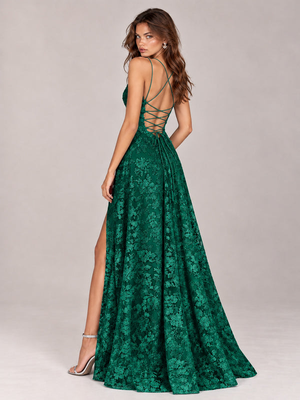 Floral Lace A-Line Prom Dress with Spaghetti Straps & High Slit