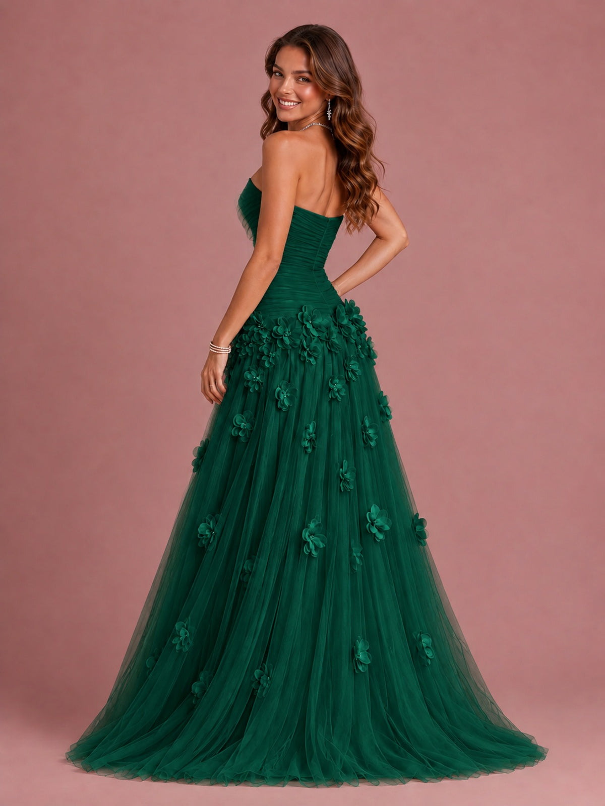 Blush Pink Strapless Sweetheart 3D Floral Tulle Ball Gown Prom Dres