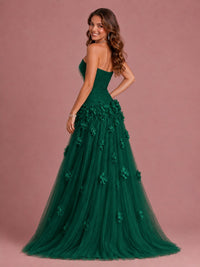 Blush Pink Strapless Sweetheart 3D Floral Tulle Ball Gown Prom Dres