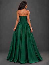 Draped Satin Prom Dress Strapless A-line Formal Dress Floor Length