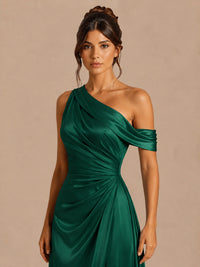 Satin One Shoulder Prom Dress Ruched Long Formal Evening Gown