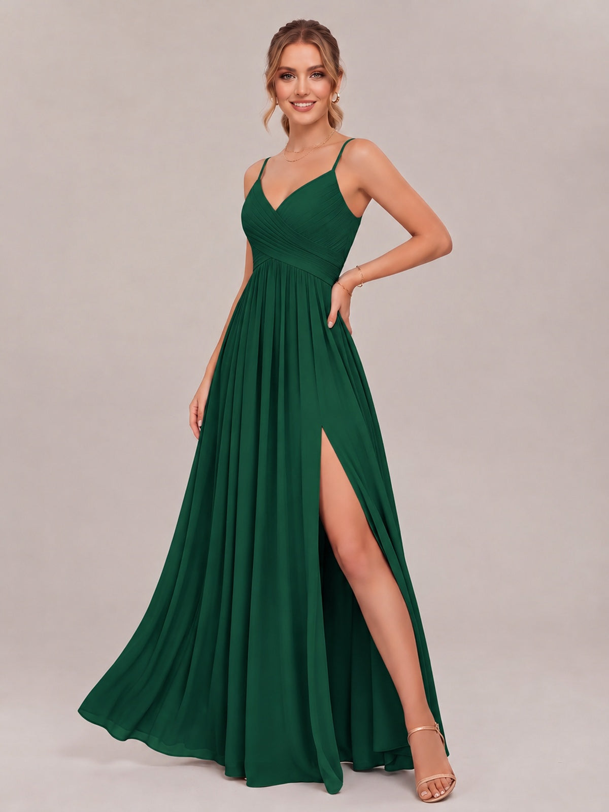 V-Neck Pleated Chiffon Long Bridesmaid Dress with Slit