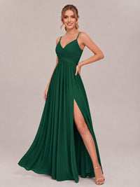 V-Neck Pleated Chiffon Long Bridesmaid Dress with Slit
