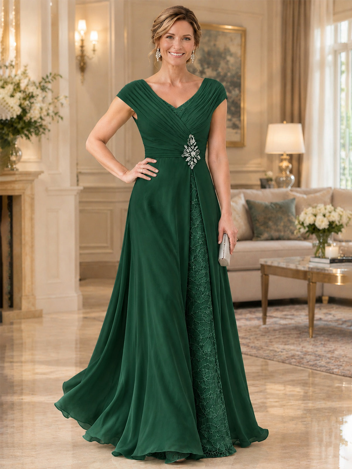 Pleated Chiffon Lace Mother of The Bride Dresses with Beading Cap Sleeves