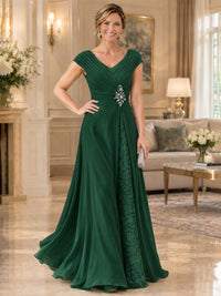 Pleated Chiffon Lace Mother of The Bride Dresses with Beading Cap Sleeves