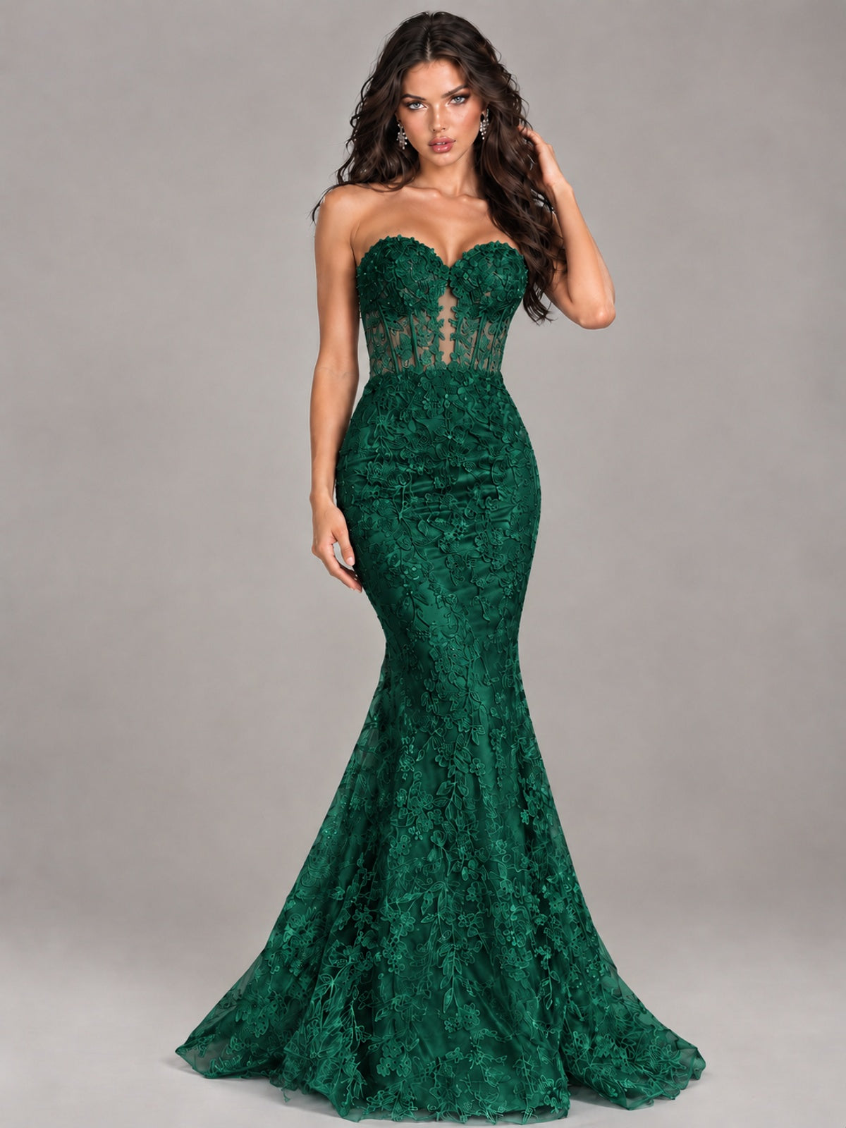 Strapless Corset Mermaid Prom Dress Lace Appliqué Formal Gown