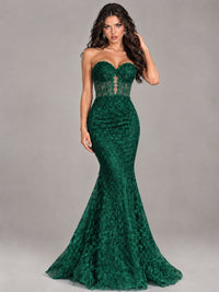 Strapless Corset Mermaid Prom Dress Lace Appliqué Formal Gown