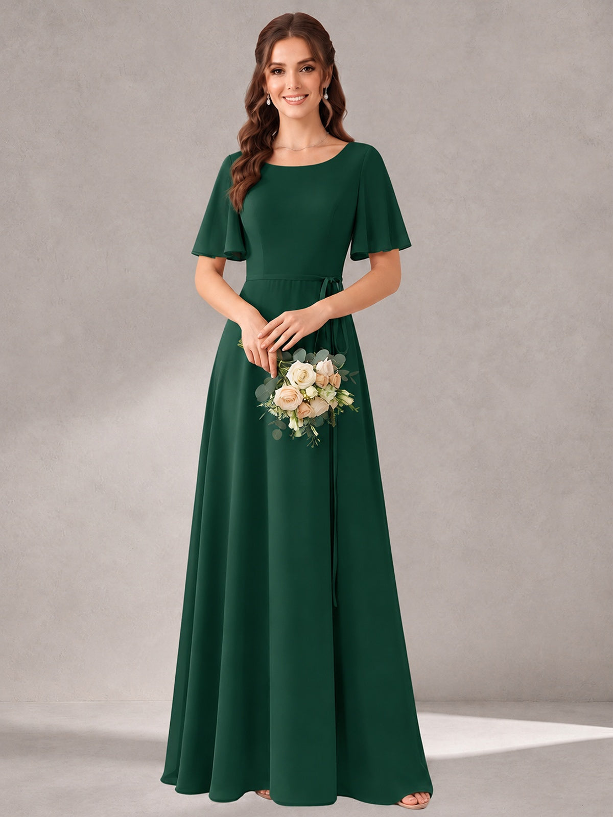 Scoop Neck A-line Chiffon Bridesmaid Dress with Flutter Sleeve & Belt