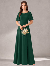 Scoop Neck A-line Chiffon Bridesmaid Dress with Flutter Sleeve & Belt