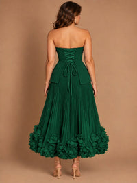 Navy Blue Strapless Pleated A-Line Midi Dress with 3D Floral Applique