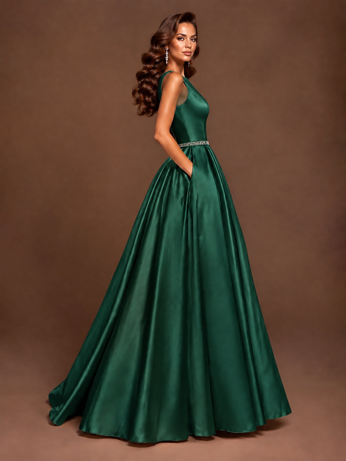 Satin A-Line Prom Dress Sleeveless Beaded Waist Formal Gown with Pockets