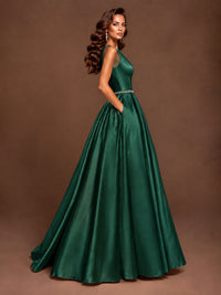 Satin A-Line Prom Dress Sleeveless Beaded Waist Formal Gown with Pockets