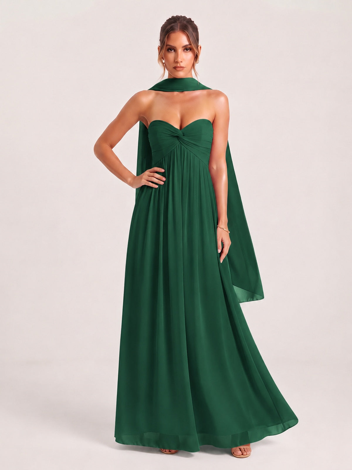 Strapless Ruched Chiffon Long Prom Dress with Scarf