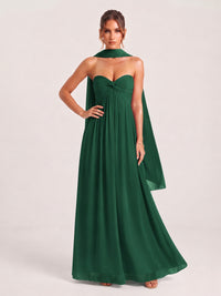 Strapless Ruched Chiffon Long Prom Dress with Scarf