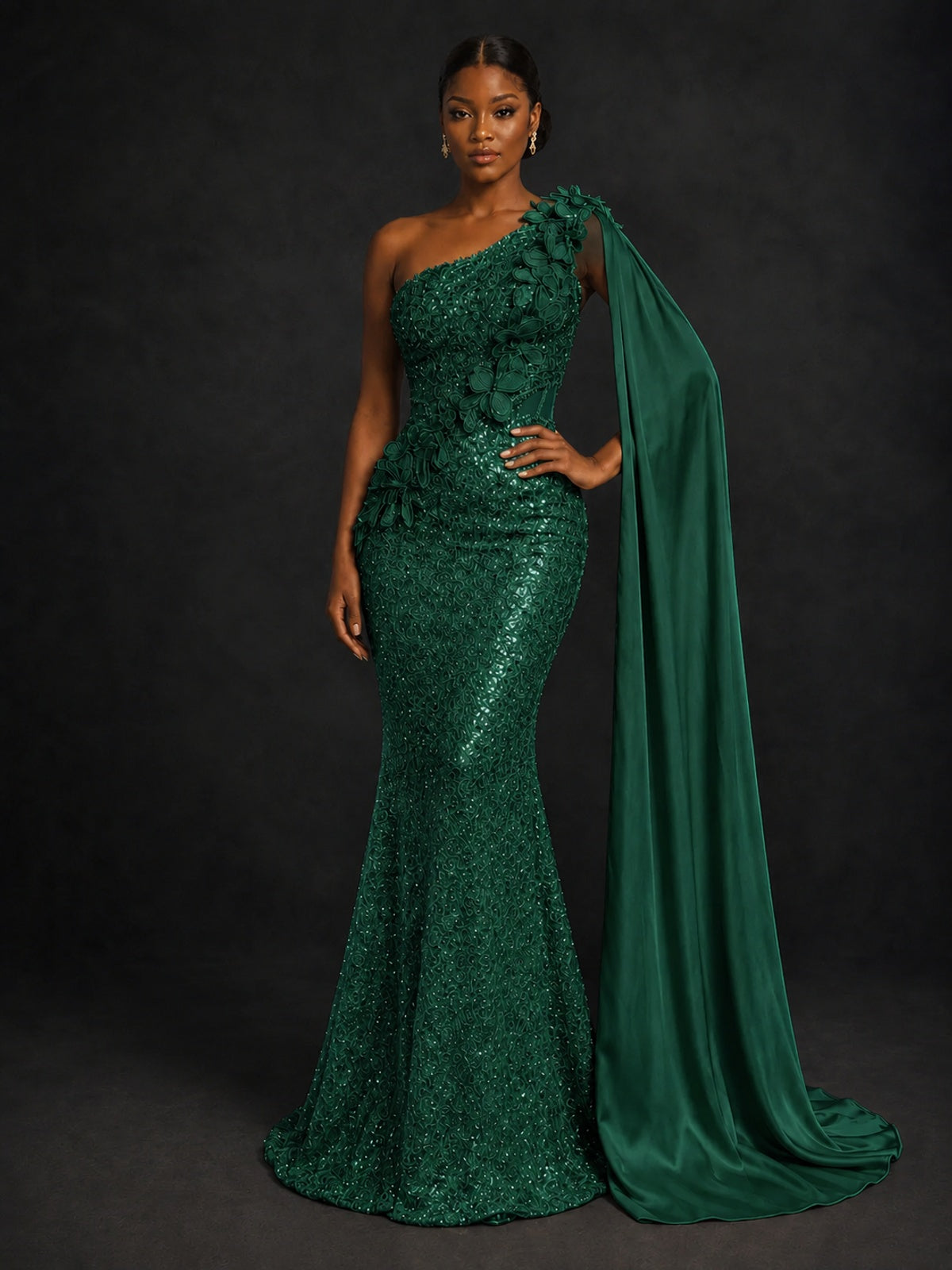 Gold Sequin One Shoulder Mermaid Prom Dress with Cape
