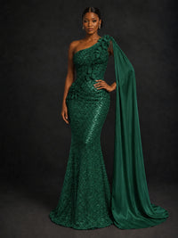 Gold Sequin One Shoulder Mermaid Prom Dress with Cape