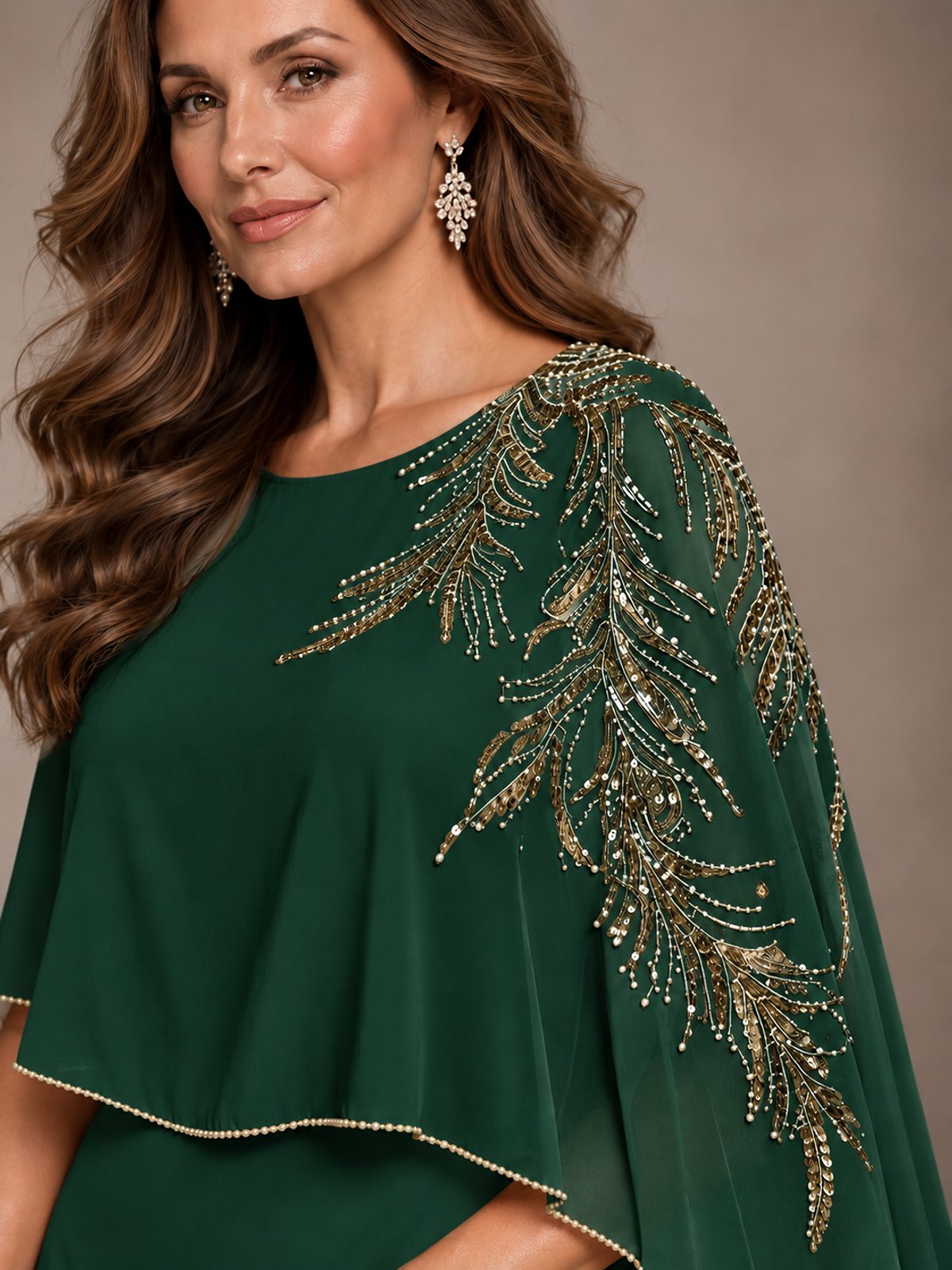 Elegant Chiffon Cape Sleeve Beaded Mother of the Bride Dress
