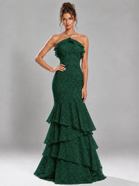 Halter Tiered Mermaid Prom Dress with Sparkly Lace