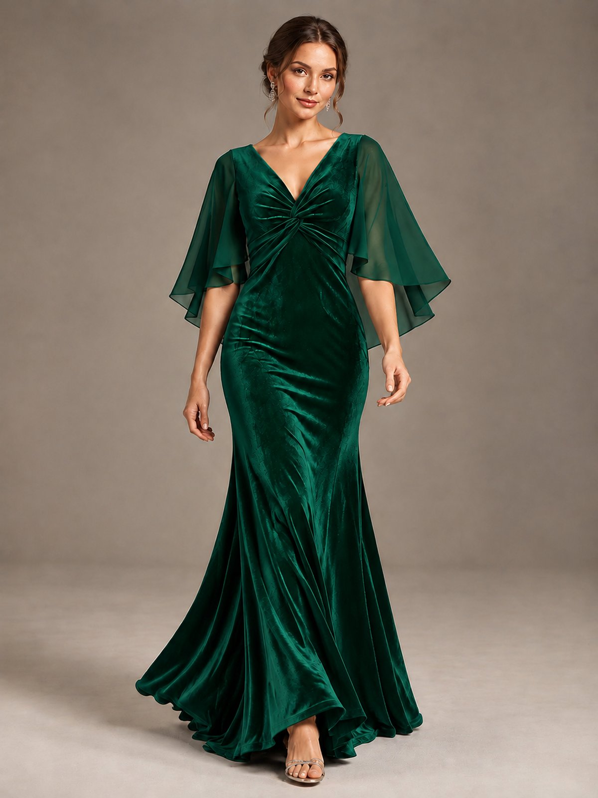 Navy Blue Velvet V Neck Mermaid Formal Dress with Flutter Cape Sleeves