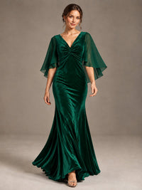 Navy Blue Velvet V Neck Mermaid Formal Dress with Flutter Cape Sleeves