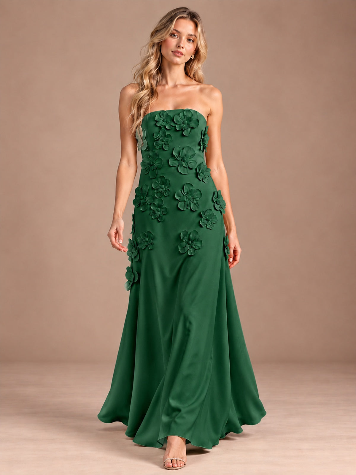 Yellow Strapless A-line Satin Maxi Dress with 3D Floral
