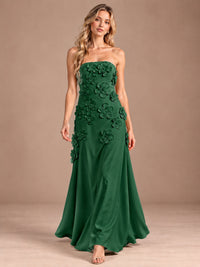 Yellow Strapless A-line Satin Maxi Dress with 3D Floral