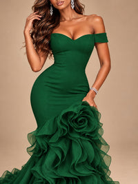 Dusty Blue Off-the-Shoulder Mermaid Prom Dress with 3D Rose & Ruffles