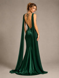 Burgundy Satin Mermaid Cape Maxi Dress