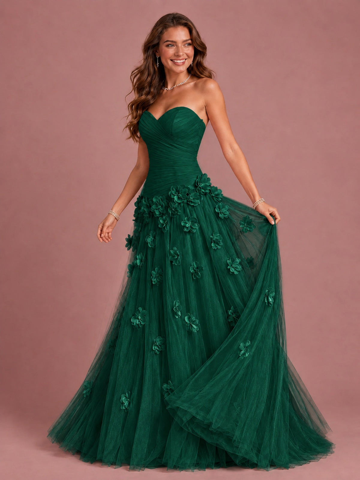 Blush Pink Strapless Sweetheart 3D Floral Tulle Ball Gown Prom Dres