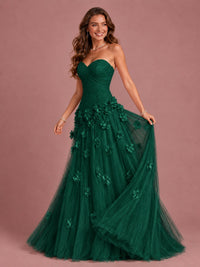 Blush Pink Strapless Sweetheart 3D Floral Tulle Ball Gown Prom Dres