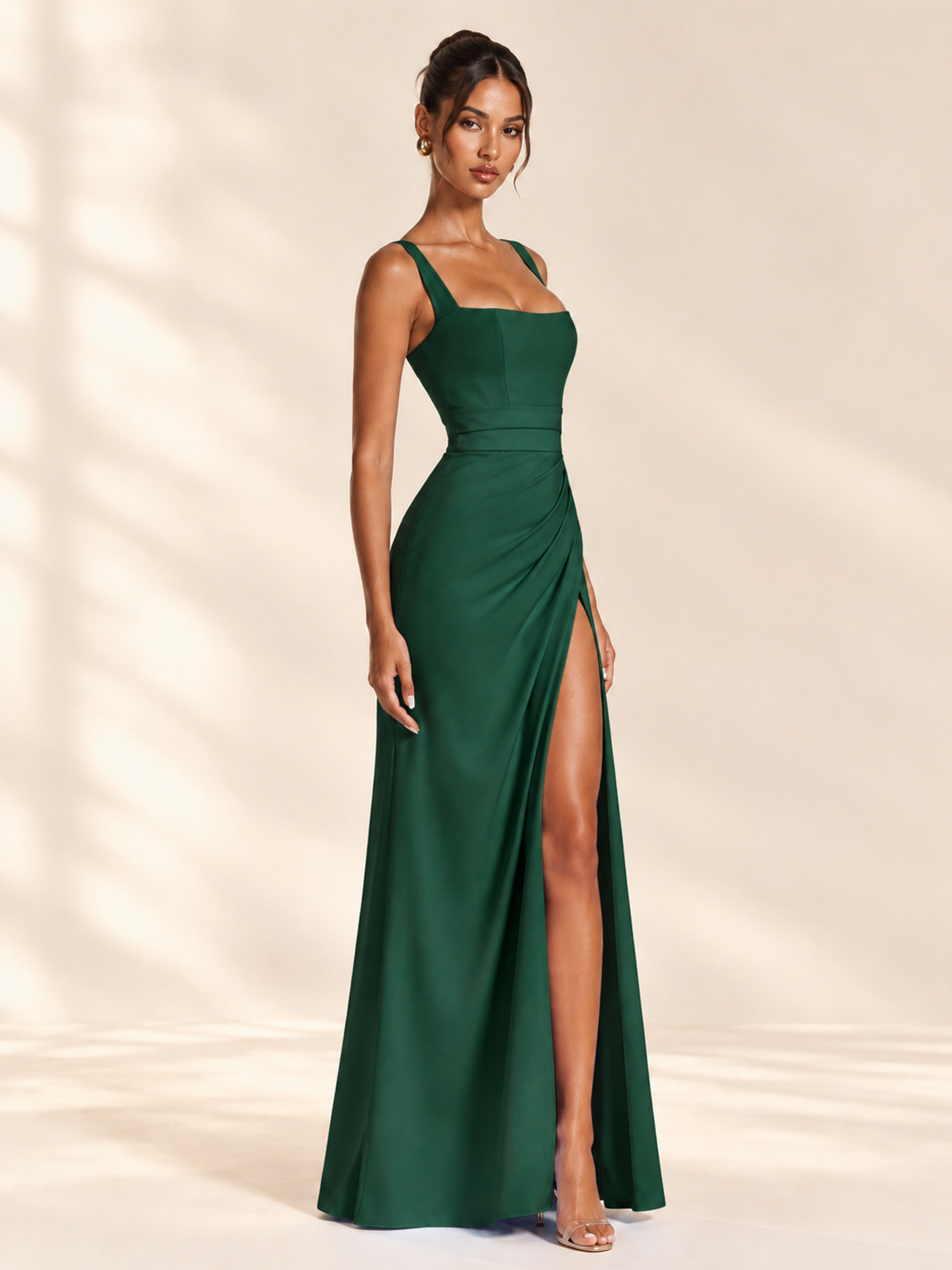 Square Neck Satin Sleeveless Ruched Prom Dress with High Slit