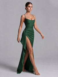 Square Neck Satin Long Prom Dress with Ruffles