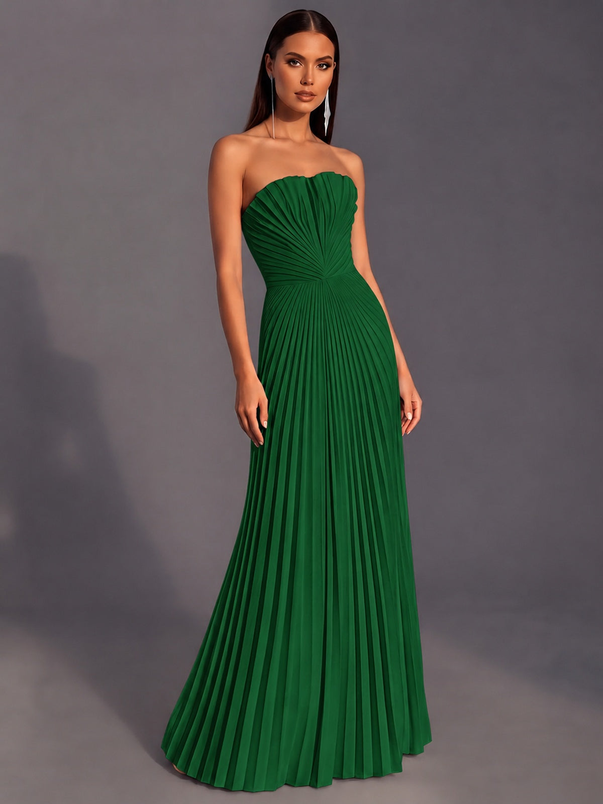 Strapless A-line Long Pleated Satin Prom Dress
