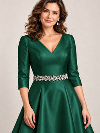 V-Neck Tea-Length Mother of the Bride Dress with Embellished Waist