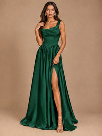 Cowl Neck Pleated Satin Prom Dress with Pockets & Slit Maxi Formal Gowns