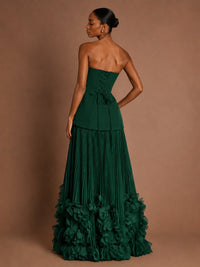Strapless Pleated Floral Satin Formal Dress with Side Slit