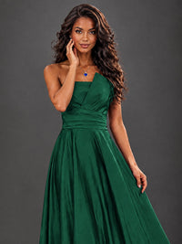 Draped Satin Prom Dress Strapless A-line Formal Dress Floor Length