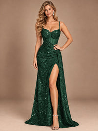 Burgundy Sequin Corset Prom Dress with High Slit