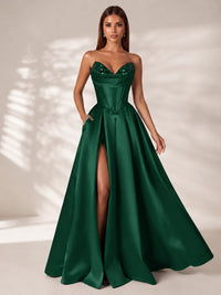 Emerald Green Strapless Corset Satin Prom Dress Long Evening Gown with High Slit